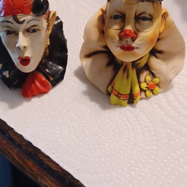 Artface Decarlo-Magic Porcelain Clown Head Figurines 2pc 1964 Hand Painted