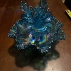 Fenton Blue Iridescent Hobnail Carnival Glass Vase Hand Blown Decorative