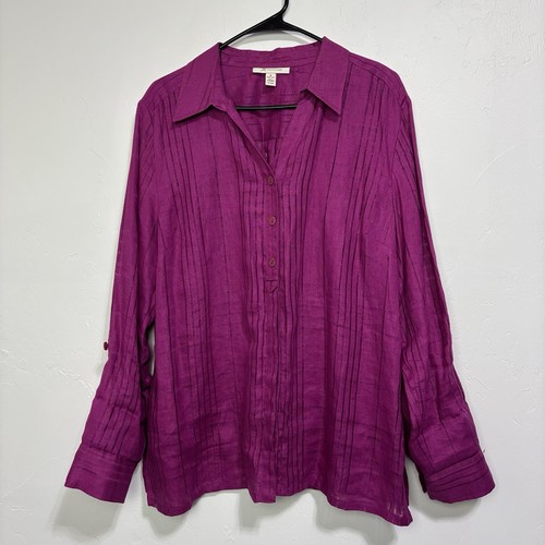 JM Collection Magenta Purple Women's Size 16 Top Blouse 100% Linen Button Front - Picture 4 of 9
