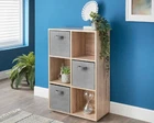 6 Cube Oak Bookcase Storage Unit with 3 Grey Fabric Storage Baskets-Damage Box