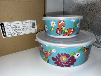 Longaberger   SUMMER LOVIN MELAMINE  AQUA FLOWERED   2 Storage Bowls w/Lids