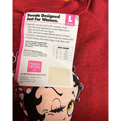 𝅺Vintage 90's Hanes Betty Boop Crew Neck Red Sweatshirt USA Cotton Blend Sz L - Picture 7 of 10