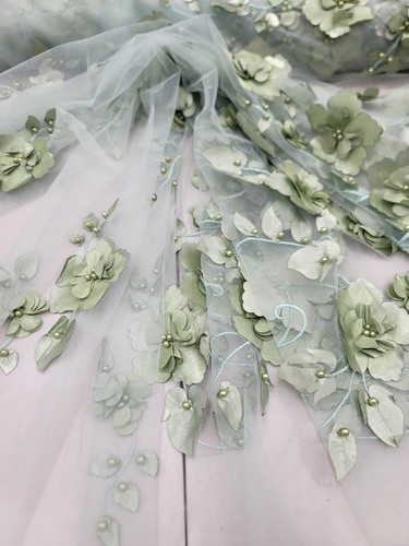 Sage Green 3d Floral Lace Embroidery Pearls Fabric Sold By The Yard For Dress - Picture 6 of 14