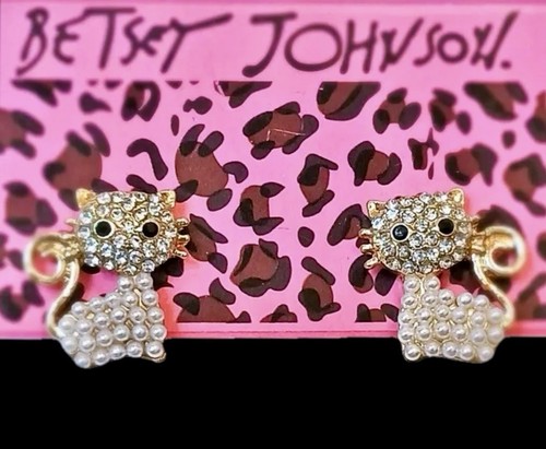 Betsey Johnson Gold Tone Crystal Faux Pearls Kitty Cat Stud Earrings NWT - Picture 4 of 12