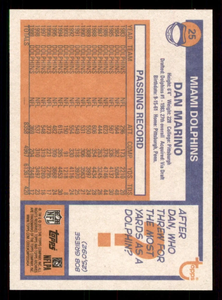 2013 Topps Archives #25 Dan Marino - Image 2 of 2
