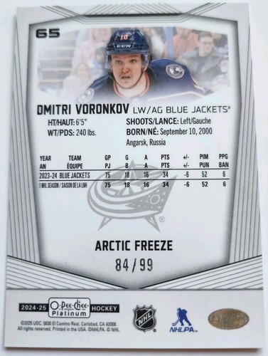 2024-25 O-Pee-Chee Platinum Arctic Freeze 84/99 #65 Dmitri Voronkov Blue Jackets - Picture 2 of 2
