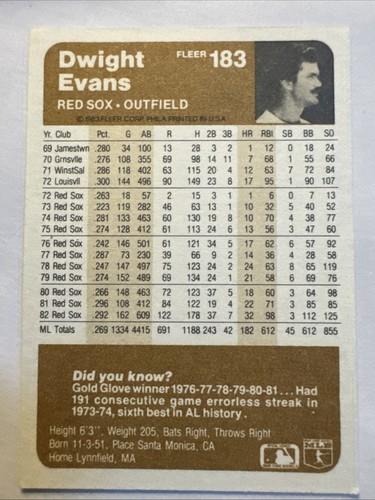 Tarjeta firmada autografiada Fleer #183 1983 de DWIGHT EVANS BOSTON RED SOX - Imagen 2 de 2