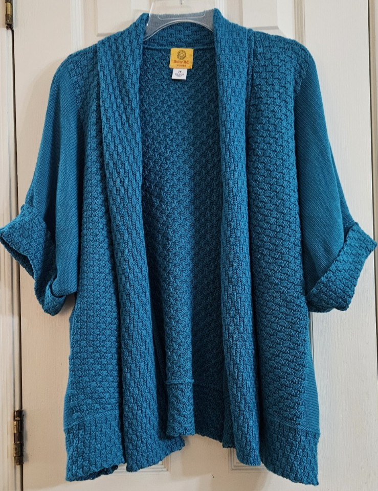 Ruby Rd. Open Front Cardigan Teal Multi Weave Elb… - image 1