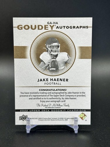 Autógrafo Goodwin Champions 2022 Upper Deck Jake Haener Goudey #GA-HA automático - Imagen 2 de 2