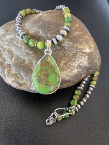Womens Green Mohave Turquoise Pendant Navajo Pearl Sterling Necklace 10580 - Picture 1 of 12