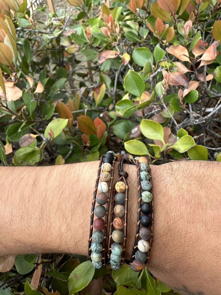 High Quality Natural Handmade Stone Bracelet  Leather Wrap Multy Color Stone Foto 3 de 4
