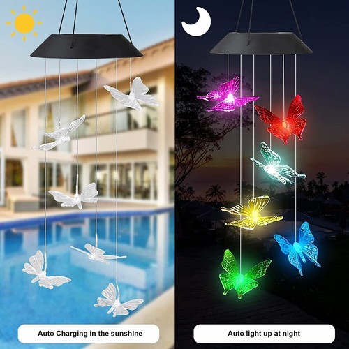 Solar LED Wind Chimes Hanging Lamp Colorful Butterfly Bird Sun Outdoor Garden - Picture 9 of 19