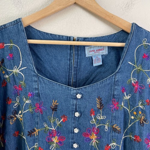 Vintage Jane Ashley Woman Plus 3X Floral Embroidered Denim Midi Dress - Picture 2 of 13