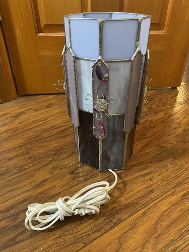 Stained Glass Artisan Handmade Purple Table Lamp Flowers Tall Silver Local - Picture 4 of 7