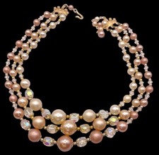 Vintage Statement Rose Gold Faux Pearls Necklace Strands Japan AB Crystals