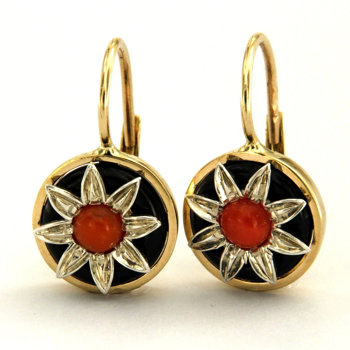 Boucles D'oreilles En Or Jaune 18 Carats Avec Roses De Corail Rose Et Onyx - Fermoir Dormeuse, Neuf Avec étiquettes