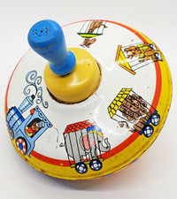 Circus Parade Spinning Top 1960s Litho Tin Toy Wood Handle Ohio Art Metal VTG