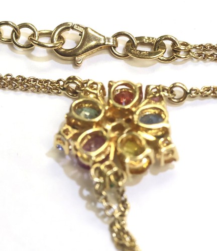 18K Yellow gold Natural multi gemstone pearl diamond dangle lariat necklace 9.5g - Picture 14 of 14