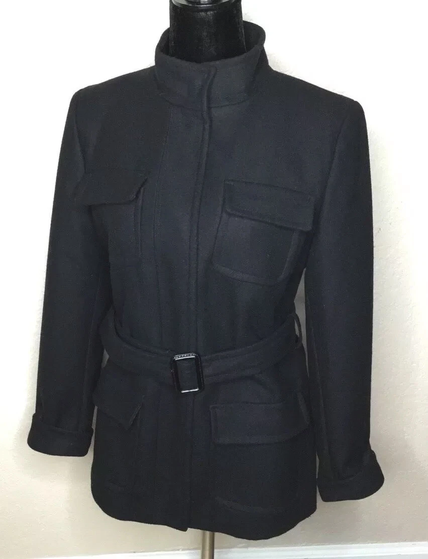Kenneth Cole Black Military Jacket Coat US S 6 8 Long Sleeve Wool Lined NWOT