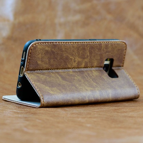 Leder Handy Cover für Samsung Galaxy S7 Etui Case Tasche Schutz Hülle braun - Picture 2 of 10