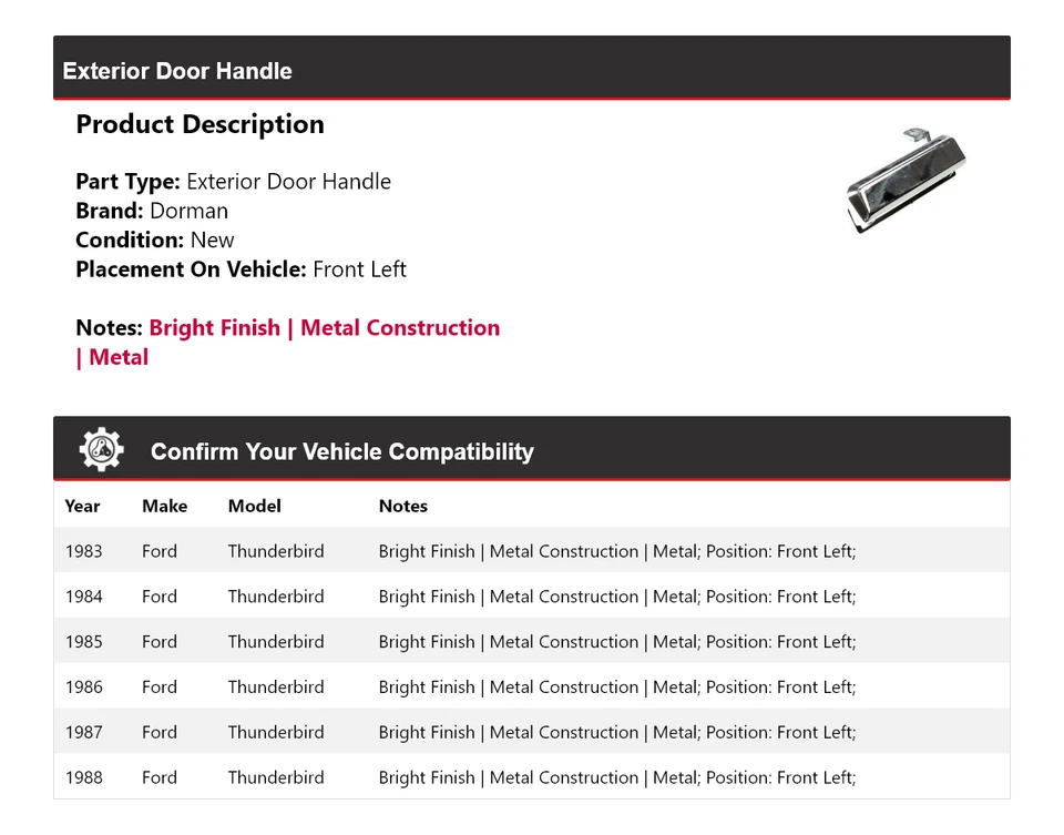 Manija de puerta exterior delantera izquierda para Ford Thunderbird Dorman 1983-1988 1984 1985 Foto 2 de 4