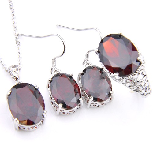 Classic Oval Red Garnet Silver Rings Pendants Necklaces Earrings Jewelry Sets - Picture 3 of 11