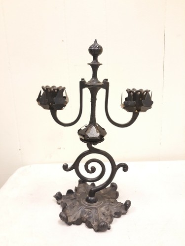 Vintage Cast Iron Double Dual 2 Candle Stick Holder Ornate Black 12" tall Gothic - Picture 2 of 7