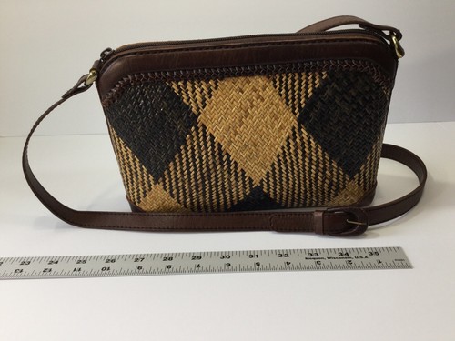 Vintage 1970er Elliot Lucca braune Leder & Stroh Schultertasche Umhängetasche 148 - Bild 4 von 13
