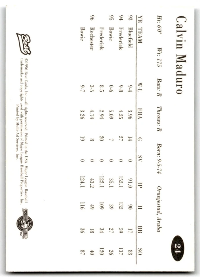 1996 BEST AA ALL-STARS CALVIN MADURO BOWIE BAYSOX #24 - Image 2 of 2