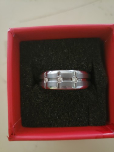 Men size 10.5 6MM Tungsten Carbide Wedding Band 0.11ct 3 Diamond Satin Ring - Picture 2 of 2
