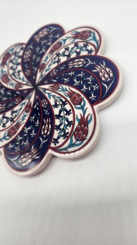 Plato caliente de cocina de cerámica hecho a mano turco Trivet azul rojo floral 7" Boho leer - Imagen 2 de 9