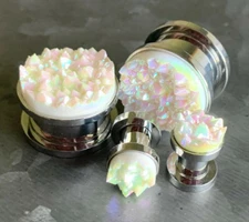 PAIR Synthetic White Druzy Stone Screw Fit Tunnels Plugs Gauges Body Jewelry