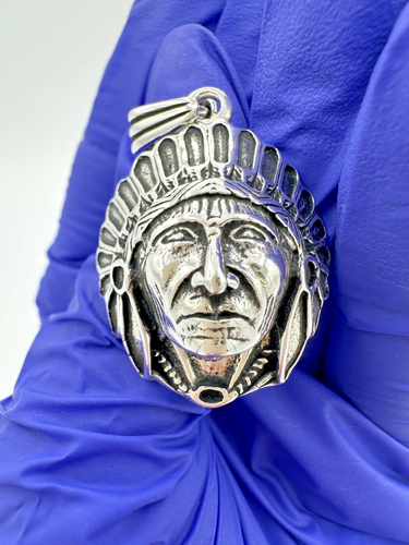 Men's Women's 925 Sterling Silver Indian Head Chief Headdress Pendant 1.5” - Picture 10 of 20