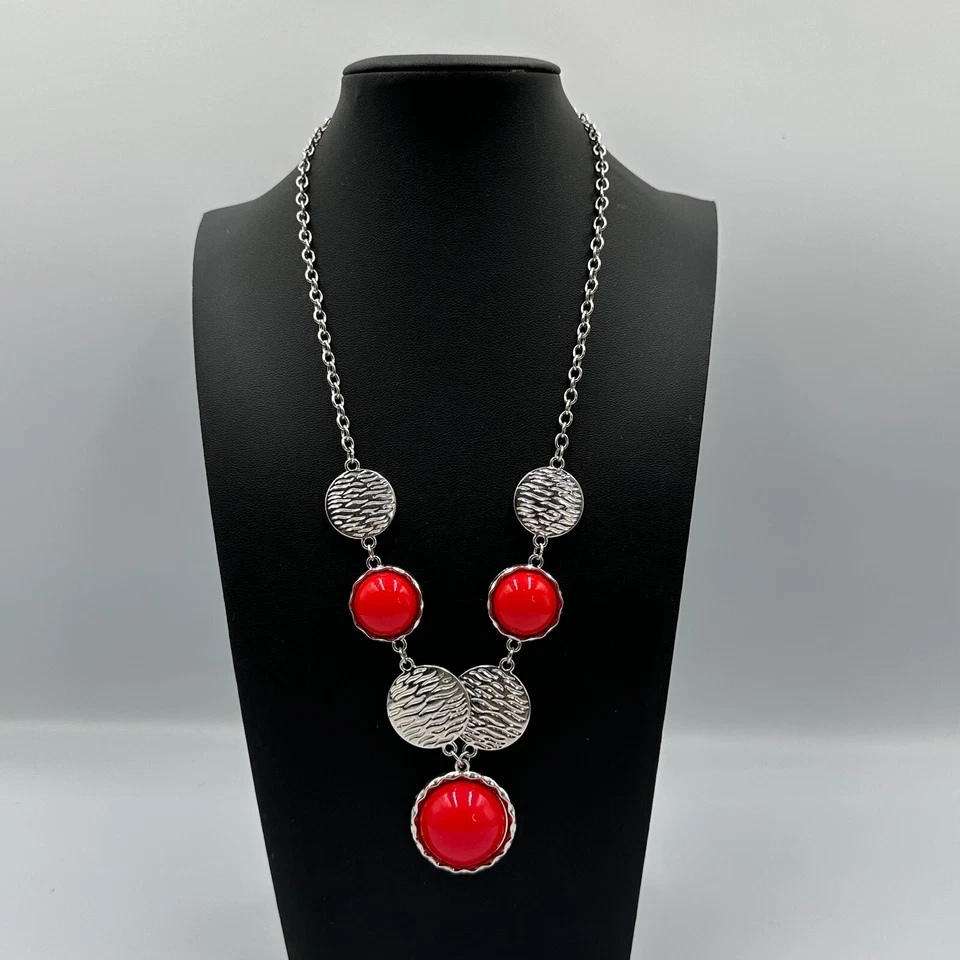 Statement 项链 银色 锤形圆盘 红色凸圆形厚气泡 22 英寸 — 第 3/4 张图片