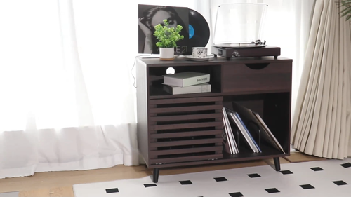 Record Player Stand, Vinyl Record Cabinet with Power Outlet Fluted - Video 1 of 1