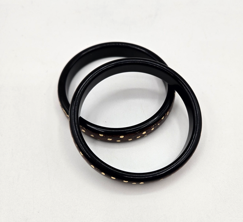 Matching Pair Vintage Painted Faux Brass Studded Wooden Bangle Bracelet - Picture 6 of 7