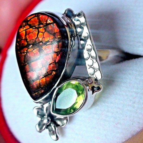 NATURAL MULTI COLOR AMMOLITE 13.00 CT RING 925 STERLING SILVER.SIZE 10.0. - Picture 3 of 12