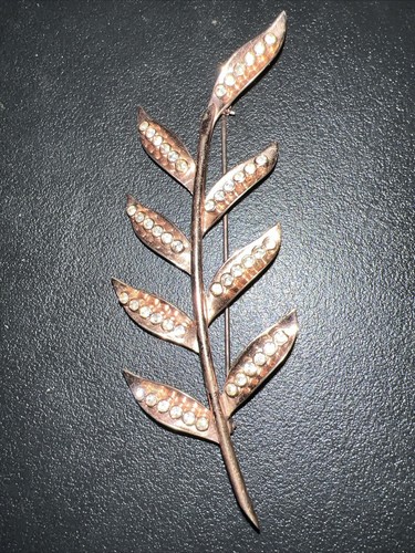 Vintage 925 Sterling Silver Rose Gold Plated Vintage Rhinestone leaf Brooch Pin - Picture 2 of 5