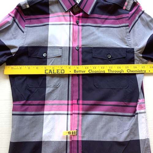 Express Mens Shirt Small Pink Blue Plaid Button Up Long Sleeve Fitted Cotton - Picture 10 of 12