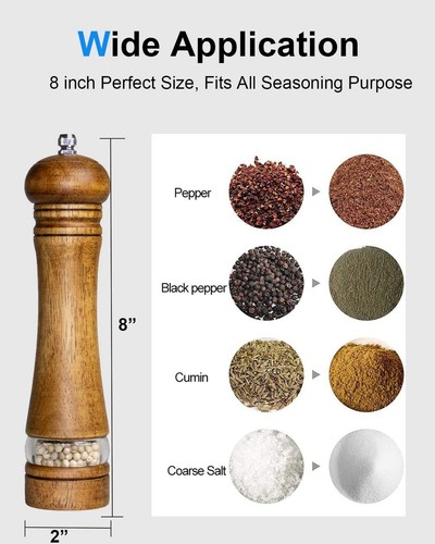 Pepper Grinder Salt Grinder Wooden Pepper Mill Grinder w/Adjustable Coarse, 8... - Picture 5 of 7