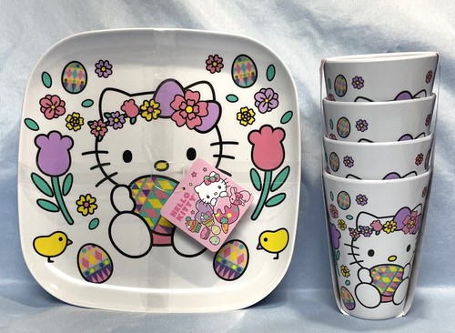 Hello Kitty Easter Egg & Flowers Plastic Melamine Set Of 4 Plates & 4 Cups - Picture 1 of 11