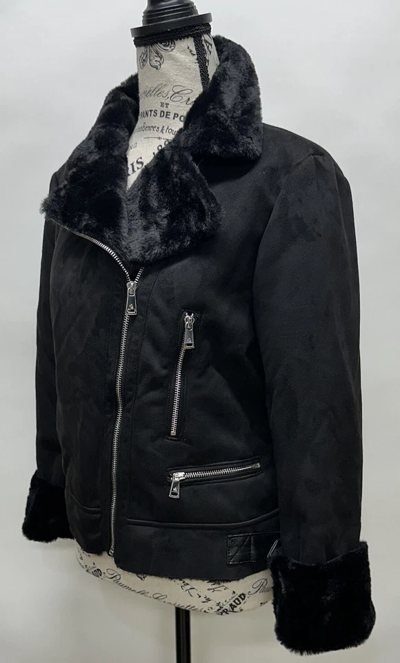 NUEVA Chaqueta Negra Lauren Ralph Lauren Para Mujer Imitación Piel de Oveja Moto Talla M Foto 3 de 4