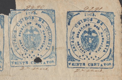 SELLOS RAROS COLOMBIA 1868 UNIDOS 20c BLOQUE PROVISIONALES 18 INC TETE BECHE FILA - Imagen 7 de 20