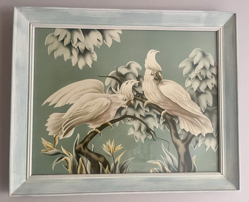 VTG 1950s Mid Century Orig Turner Cockatoo Print Linen Paper Blue Wood Frame