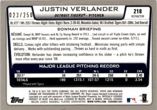 2012 BOWMAN CHROME BLUE REFRACTOR JUSTIN VERLANDER #23/250 - Picture 2 of 2