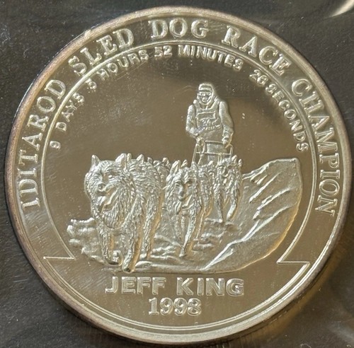 1998 1 Oz .999 Fine Silver Iditarod Sled Dog Race Jeff King State Seal Of Alaska - Bild 1 von 2