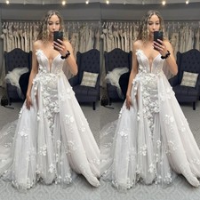 Elegant Wedding Dresses Flower Appliques A Line V Neck Bridal Gowns Sweep Train
