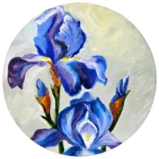Original Oil Painting Blue Iris Floral Art Round Canvas Flower 6 Inch
