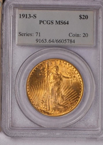 1913-S Gold St. Gaudens Double Eagle $20 PCGS MS64. Rare date, mintage 34,000.