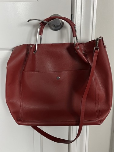 ZARA BASIC RED FAUX Leather large TOTE Shoulder Crossbody Bag W/ Metal Handles - Picture 7 of 18